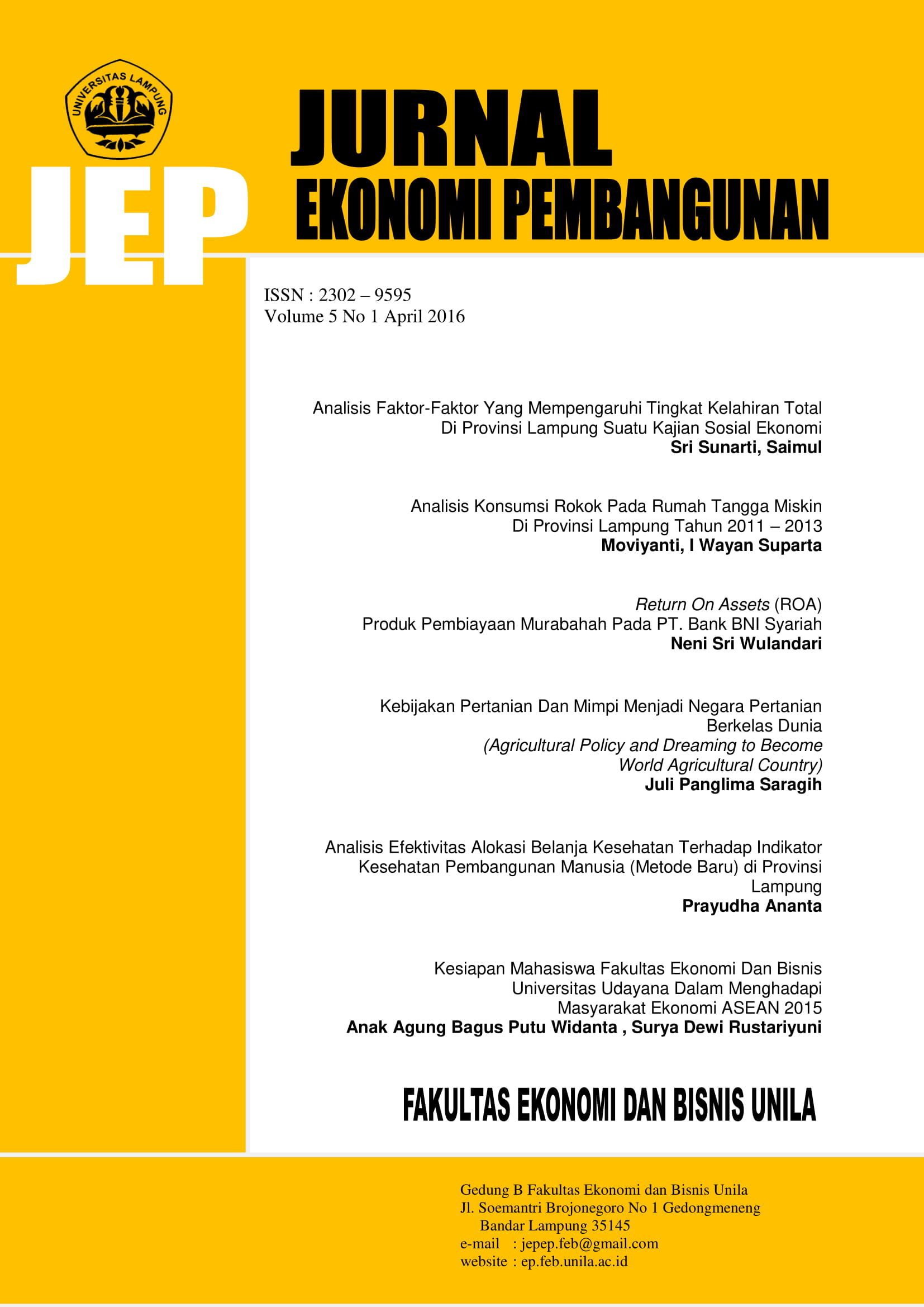 Jurnal Ekonomi Pembangunan Jep Faculty Of Economics And