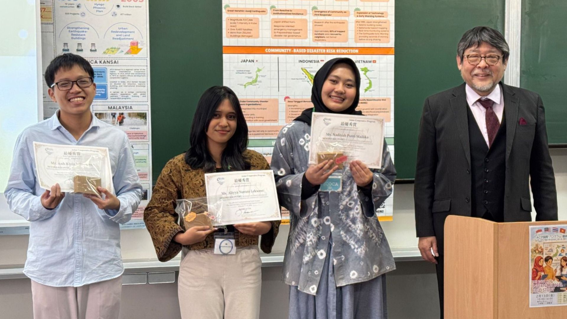 Selected to Study in Japan, Three FEB Unila Students Collaborate with International Peers to Develop Visionary Disaster Mitigation Technology