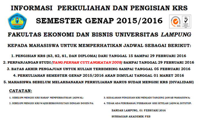 Jadwal Semester Genap 2015-2016